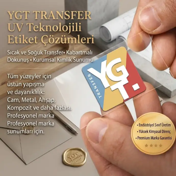 YGT Transfer UV Teknolojili Etiket Cam, metal, ahşap ve kompozit gibi tüm yüzeylerde yüksek yapışma gücüne sahip UV transfer etiketlerimizle markanıza kabartmalı ve premium bir dokunuş kazandırın. Endüstriyel sınıf üretim kalitemiz ve yüksek kimyasal direncimiz sayesinde ürünlerinizde uzun ömürlü ve şık bir görünüm elde edebilirsiniz.